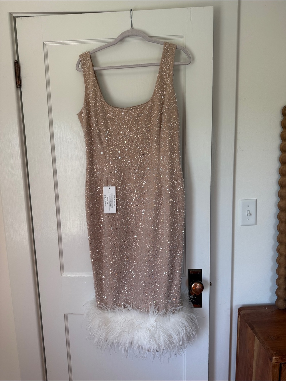 NADINE MERABI Champagne Sequin Midi Dress with White Feather Hem